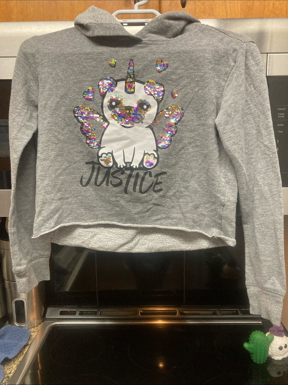 Justice Gray Sequin Unicorn Hoodie Crop Top